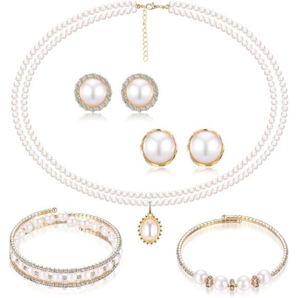Gold Pearl Rhinestone Jewelry Set for Women Pearl Necklace Bracelet Earrings